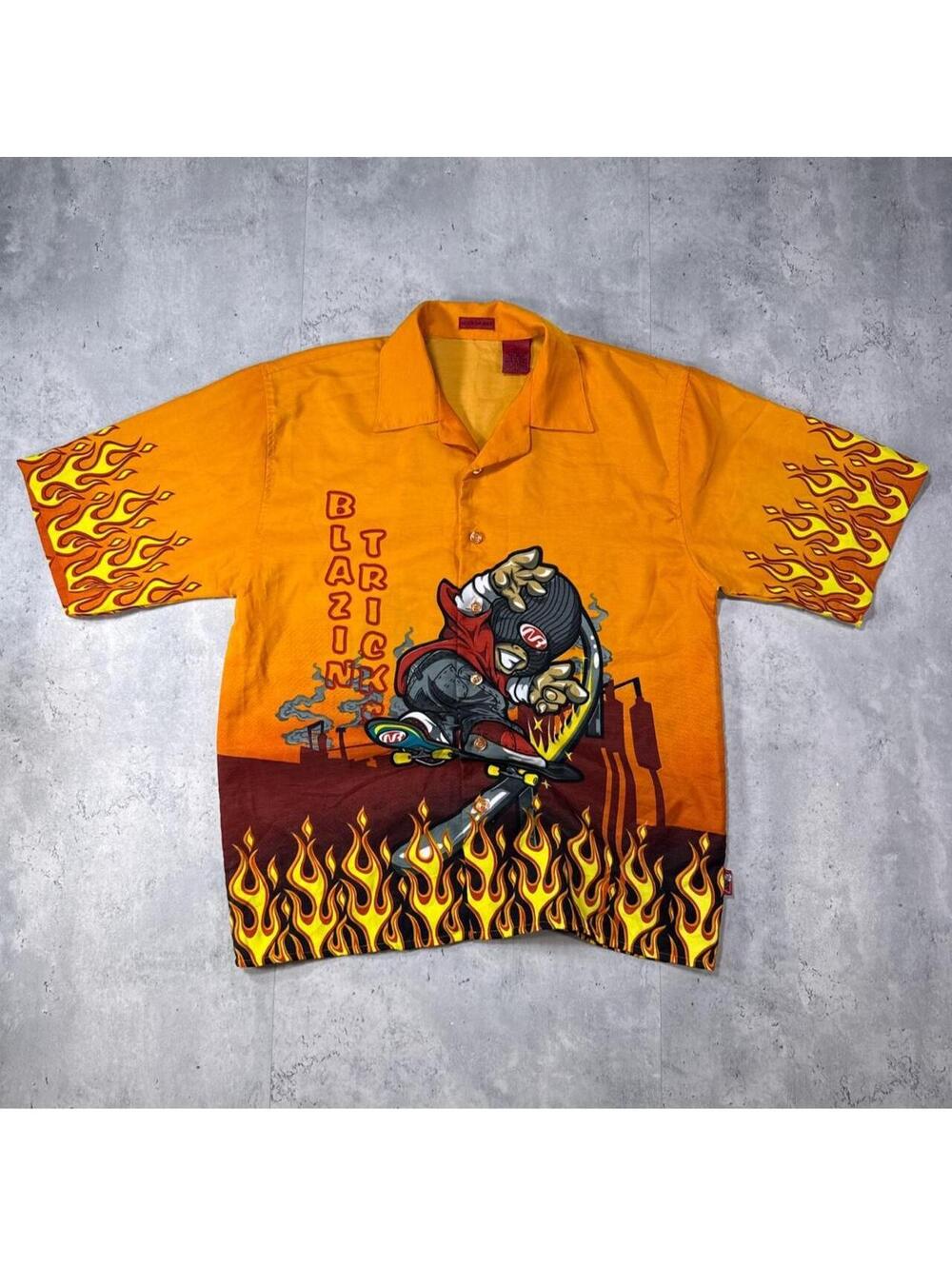 Y2K Norules Flames Skateboarding Grunge 00s Button Up Shirt